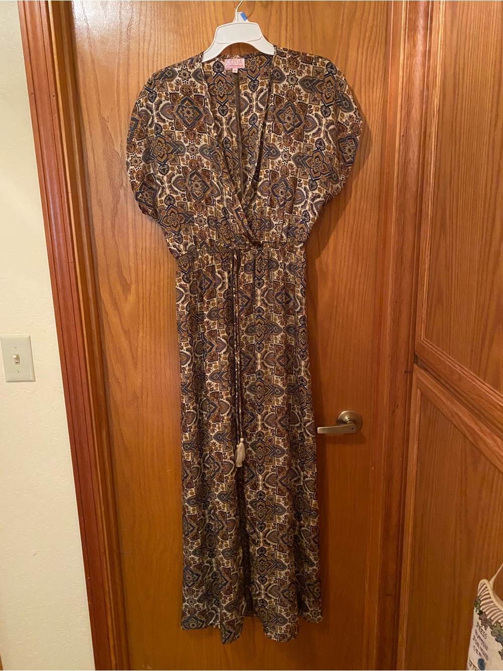 Cienna Boho Tie-Waist Maxi Dress in Brown and Navy